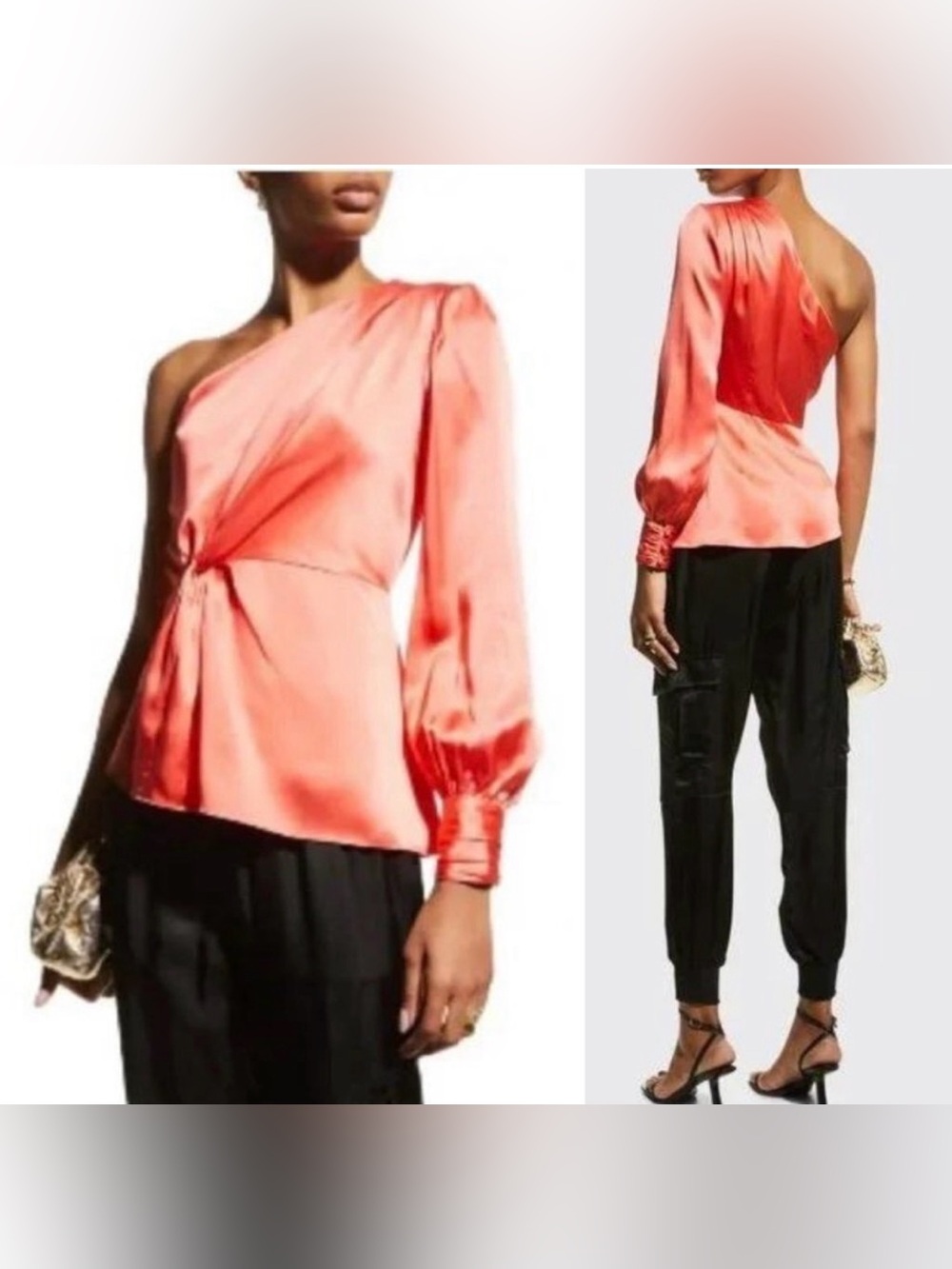 Cinq a Sept One Sleeve Silk Top Neon Coral Asymmetrical Hem Twist Front NWT Med - Picture 5 of 12
